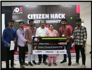 Mr. Vijay, Mr. Shanmuk and Mr Rahul IV CSE secured First prize, along with a cash award of ₹20,000 at the Citizen Hack Digital Summit conducted by Miracle Software solutions